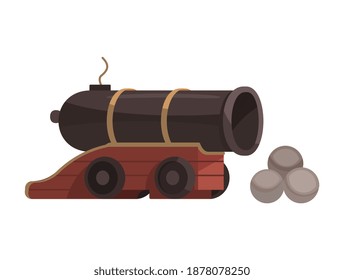 Pirate composition with isolated image of cannon gun with balls on blank background vector illustration
