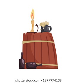 Pirate composition with isolated image of vintage barrel with alcohol bottles and candle vector illustration