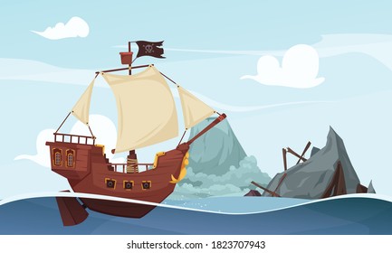 Pirate Composition With Open Sea Scenery With Mountain Boat Wreck And Sailing Pirate Ship With Flag Vector Illustration