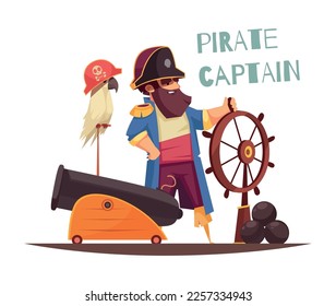 Pirate composition with vintage sailor character with retro accessories and ornate text vector illustration