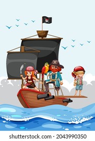 Pirate concept with a man cartoon character walking the plank on the ship illustration