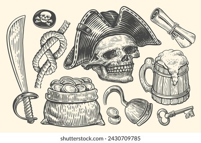 Pirate concept, set of items. Hand drawn sketch vector illustration in engraving style