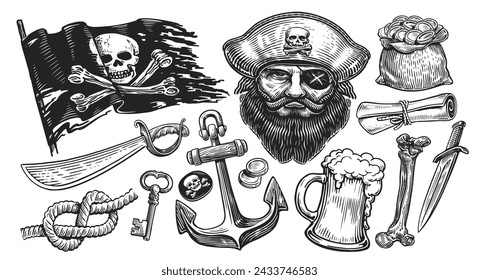 Pirate concept. Sketch illustration. Hand drawn objects engraving style