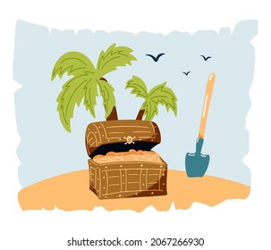 Pirate concept with a treasure chest and a shovel on a desert island. Vector illustration in hand drawn style