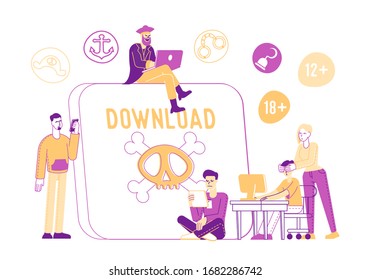 Pirate Content Free Download Concept. Characters around of Huge Tablet Pc with Jolly Roger Transfer and Sharing Files Using Torrent Servers Services, Online Media. Linear People Vector Illustration