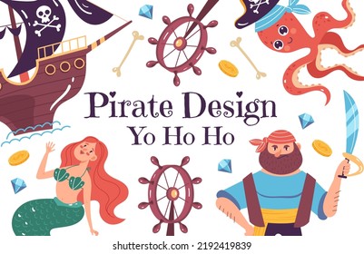 Pirate corsair advanture captain ship game banner poster cover background concept. Vector isolated graphic design illustration