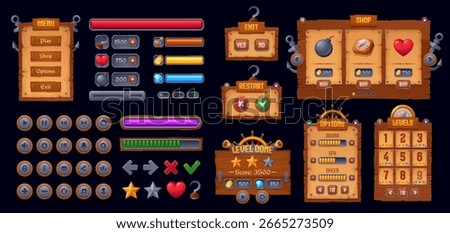 Pirate and corsair arcade game interface elements, GUI frames and icons asset. Vector old wood boards, menu screen banners, interface buttons and game level score sign with cartoon pirate ship objects