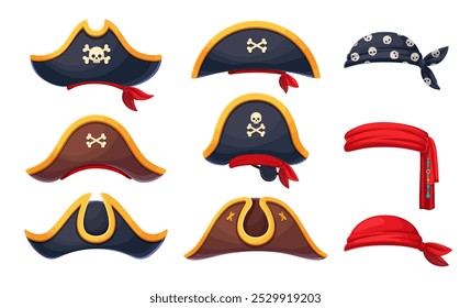 Piraten Korsar oder Seemann Bandana und Kapitän Tricorn Hüte. Cartoon Karneval Kostümhüte mit Piratenschädeln, Kreuzbein, Augenklappe und rotem Schal, fröhliche Roger Mützen und Perlen, Piraten Kopfbedeckungsset