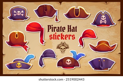 Pirata e corsário tricorn chapéus adesivos pacote. Patches de vetor de desenhos animados com capitão, chapéu coco filibuster, bandana de marinheiro, chapéus bucaneiro ou lenços de cabeça, boné de rover com penas e rogers alegres