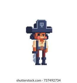 Pirate costume dressed character with saber. 3D voxel style. Pixel art game. Isolated vector illustration.