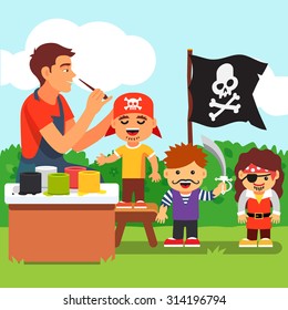 Pirate costume and painting party in kindergarten. Teacher painting kids face. Vector flat style isolated cartoon illustration.