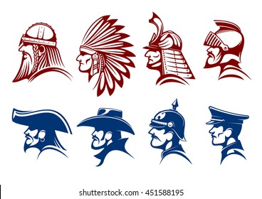 Pirate and cowboy, viking warrior and native american indian, medieval knight and japanese samurai, general of prussian army and german soldier icons with blue and brown profiles of brave men