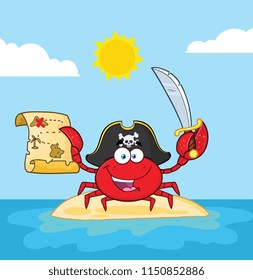 Pirate Crab Cartoon Mascot Character Holding A Treasure Map And Sword On An Island. Vector Illustration With Background