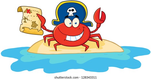 Pirate Crab Holding A Treasure Map On Island