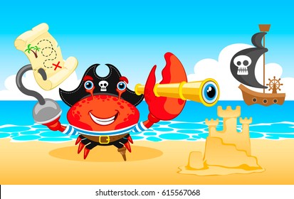 Pirate crab, Crab icon vector, Cartoon crab pirate funny vector illustration.