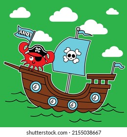 PIRATE CRAB SAILING IN THE SEA WITH HIS BOAT
