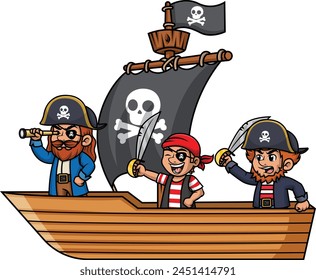 Tripulación pirata a bordo de un barco con Ilustración vectorial de velas negras