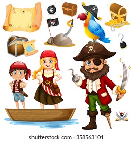 Pirate and crew on ship illustration