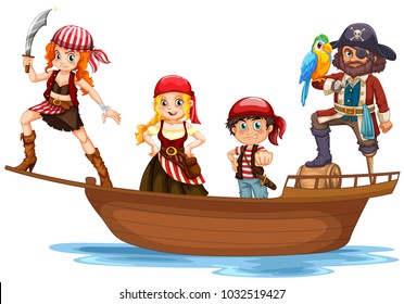 Pirate and crew on wooden ship illustration