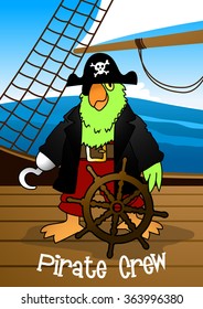 Pirate crew parrot with hook steering the ship .