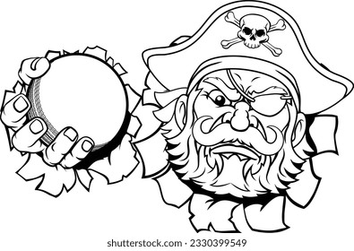 A pirate cricket sports mascot cartoon character holding a ball 