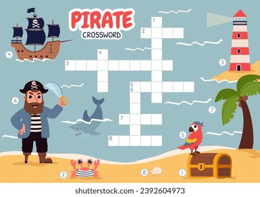 Pirate crossword concept. Eductaion al games for children. Puzzle and riddle for kids. Nautical trips and adventures. Parrot, treasures and man with sword. Cartoon flat vector illustration