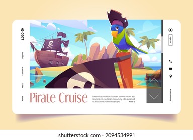 Banner pirata de crucero con loro en sombrero y barco corsario en el mar. Página de aterrizaje de vectores con caricatura ilustrativa del ave pirata en la playa de isla tropical con rocas, palmeras y velero de madera