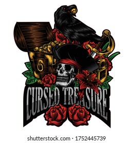 the pirate cursed treasuere with skull, flower, crow, sword and coin 