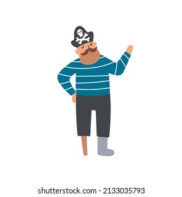 Pirate cute character vector illustration. Pirate standing on white background