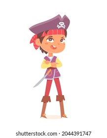 Pirate cute kid character on Halloween fun party vector illustration. Cartoon funny boy wearing costume of fantasy shop captain with sword or boat sailor, little child playing isolated on white background