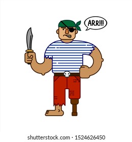 Pirate With A Dagger, Cartoon Character. Evil Pirate Says Arr, Cloud Talk, Bubble Speech. Halloween For Printing On Fabric, T-shirt, Print For Textile, Banner, Poster. Flat Vector Illustration.