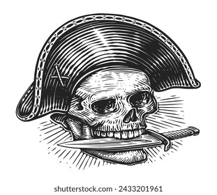 Pirate with dagger in teeth. Skull skeleton Jolly Roger. Hand drawn sketch vintage vector illustration