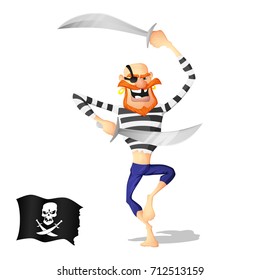 Un pirata bailando con los sables. Aislado del fondo. Dibujado en el estilo de dibujos animados 