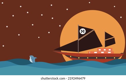 Pirate day with floating sailboat, super moon and dolphin, ruler of the ocean, editable vector illustration