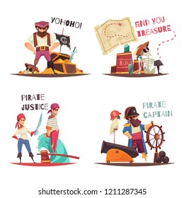 Pirate design concept with flat human characters of cartoon pirate captain and sailors with text captions vector illustration