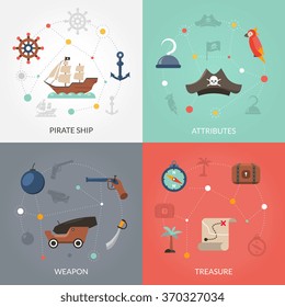 Pirate design concept set with ship weapon and treasure flat icons isolated vector illustration