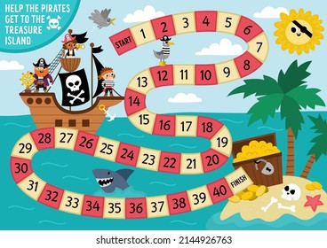 Pirate dice board game for children with cute pirate ship hunting treasure. Treasure island hunt boardgame with pirates, chest.  Sea adventures printable activity or worksheet
