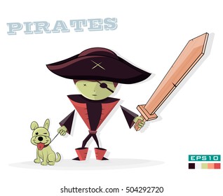 Pirate with a dog, on white background. Children illustration cartoon.