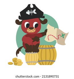 Pirate dog sitting on wooden barrel. Anthropomorphic animal in flat style