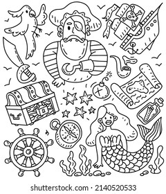 Juego lineal vectorial de dibujos animados piratas. Capitán, loro, tesoro, barco, espada, mapa, bomba, sirena, nota en botella, brújula, rueda, pirata de colección en blanco y negro 