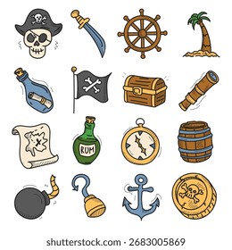 Pirate doodle icon set vector isolated. Collection of hand-drawn symbols of pirates life. Funny and cute doodle icons. Pirate hat, treasure chest, skull and bones. Bottle of rum.