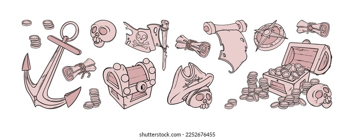 Pirate doodle set. Sketch of chest with coins, skull, flag and other pirate belongings. Vector illustration isolated in white background