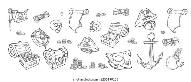 Juego de doodles piratas. Esbozo del pecho con monedas, mapa del tesoro, brújula y otras pertenencias piratas. Ilustración del vector aislada en fondo blanco