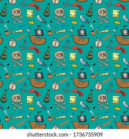 Pirate Doodles Seamless pattern. Cute pirate items sketch. Hand drawn Cartoon Vector illustration.