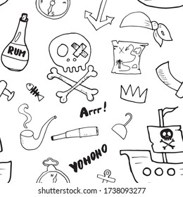 Pirate Doodles Seamless pattern. Cute pirate items sketch. Hand drawn Cartoon Vector illustration.