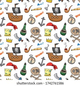 Pirate Doodles Seamless pattern. Cute pirate items sketch. Hand drawn Cartoon Vector illustration.