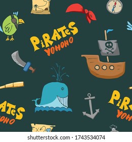 Pirate Doodles Seamless pattern. Cute pirate items sketch. Hand drawn Cartoon Vector illustration.