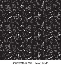 Pirate Doodles Seamless pattern. Cute pirate items sketch. Hand drawn Cartoon Vector illustration.