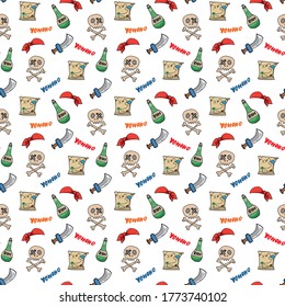Pirate Doodles Seamless pattern. Cute pirate items sketch. Hand drawn Cartoon Vector illustration.
