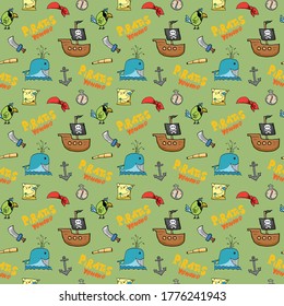 Pirate Doodles Seamless pattern. Cute pirate items sketch. Hand drawn Cartoon Vector illustration.